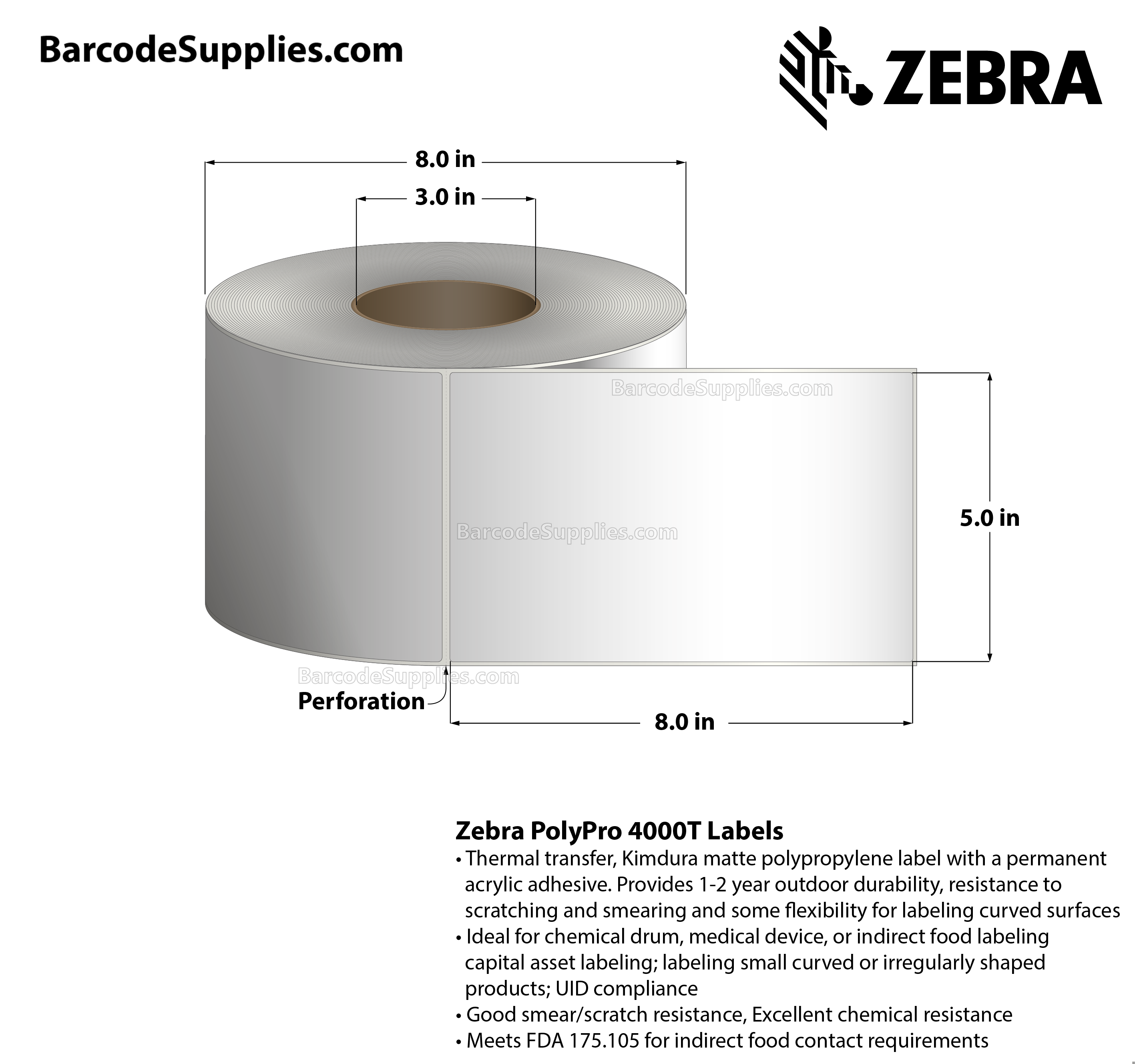 5 x 8 Thermal Transfer White PolyPro 4000T Labels With Permanent Adhesive - Perforated - 560 Labels Per Roll - Carton Of 4 Rolls - 2240 Labels Total - MPN: 10014715