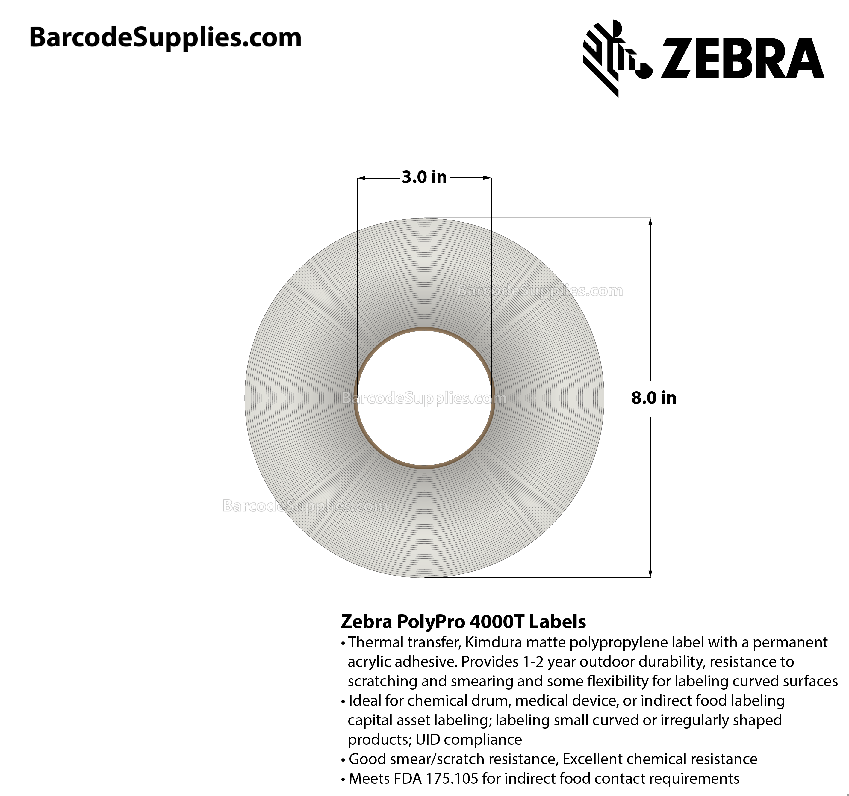 5 x 8 Thermal Transfer White PolyPro 4000T Labels With Permanent Adhesive - Perforated - 560 Labels Per Roll - Carton Of 4 Rolls - 2240 Labels Total - MPN: 10014715