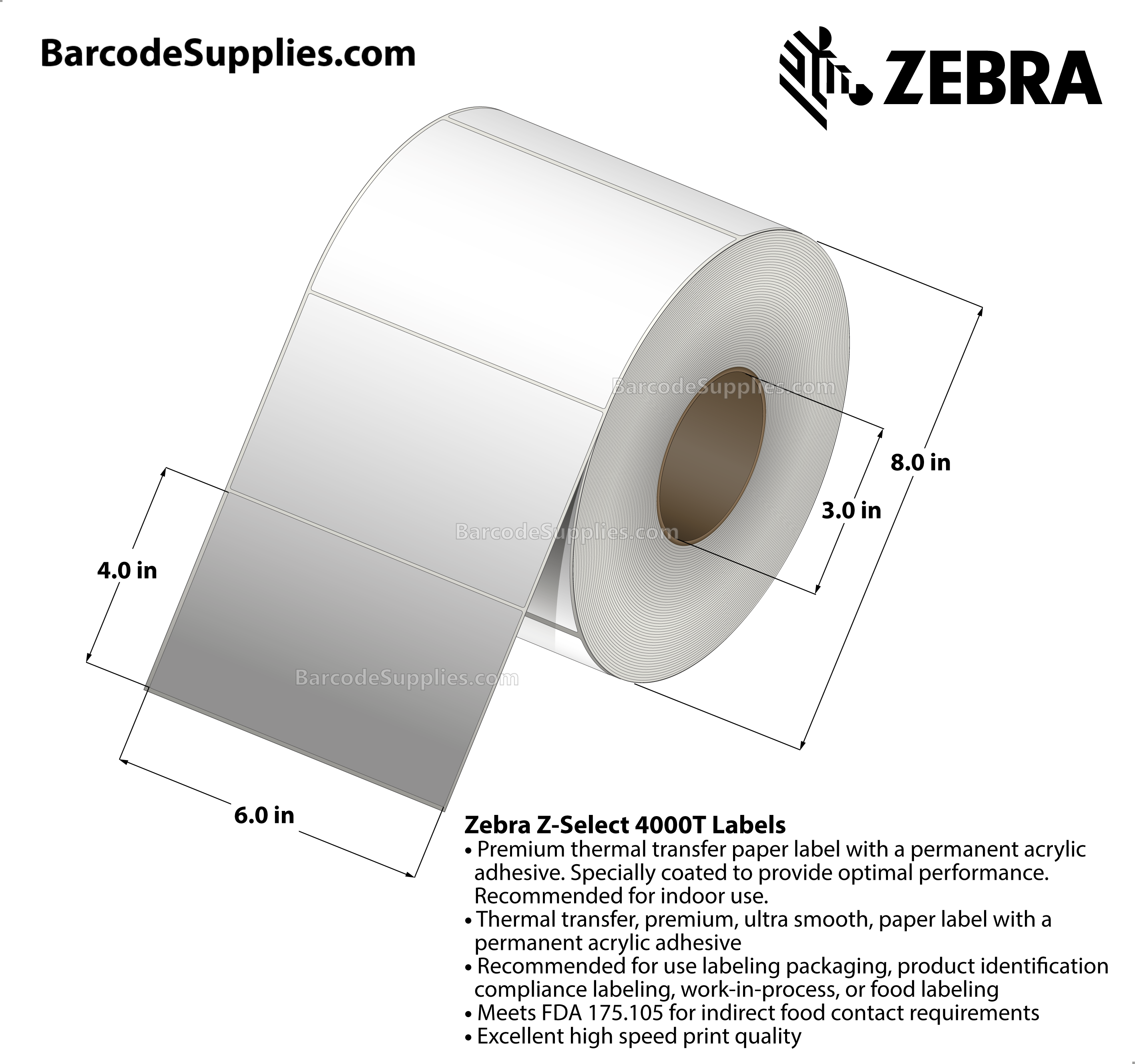 6 x 4 Thermal Transfer White Z-Select 4000T Labels With Permanent Adhesive - Not Perforated - 1410 Labels Per Roll - Carton Of 2 Rolls - 2820 Labels Total - MPN: 72354