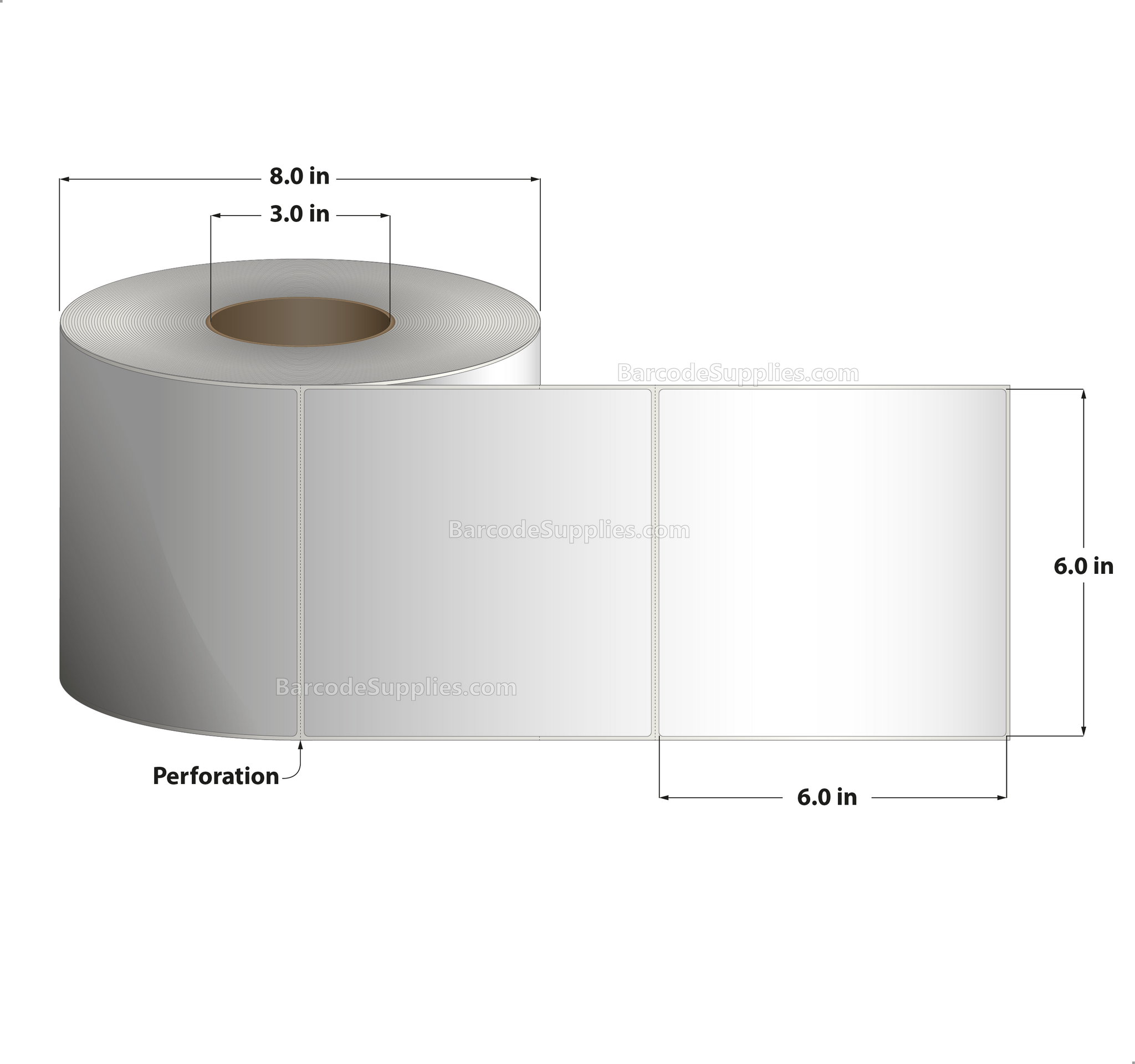 6 x 6 Direct Thermal White Labels With Acrylic Adhesive - Perforated - 1000 Labels Per Roll - Carton Of 4 Rolls - 4000 Labels Total - MPN: RD-6-6-1000-3 - BarcodeSource, Inc.