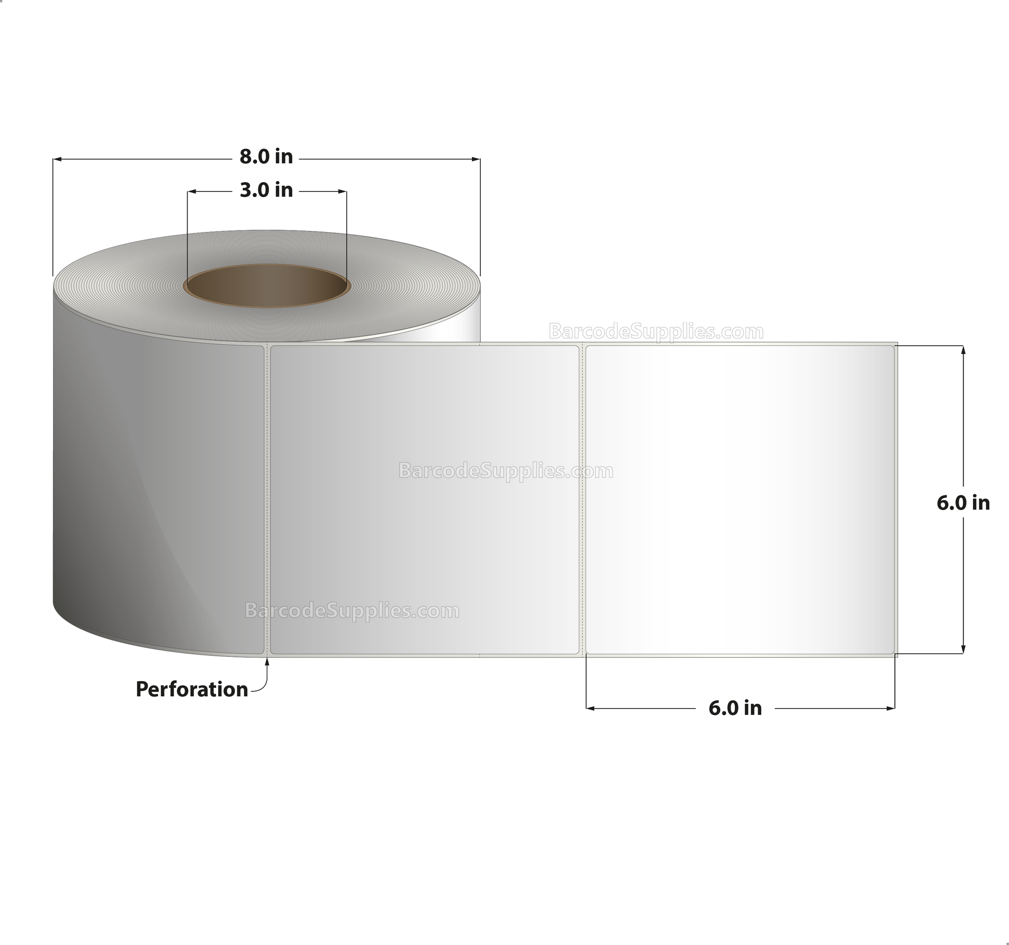 6 x 6 Thermal Transfer White Labels With Permanent Adhesive - Perforated - 1000 Labels Per Roll - Carton Of 4 Rolls - 4000 Labels Total - MPN: RT-6-6-1000-3