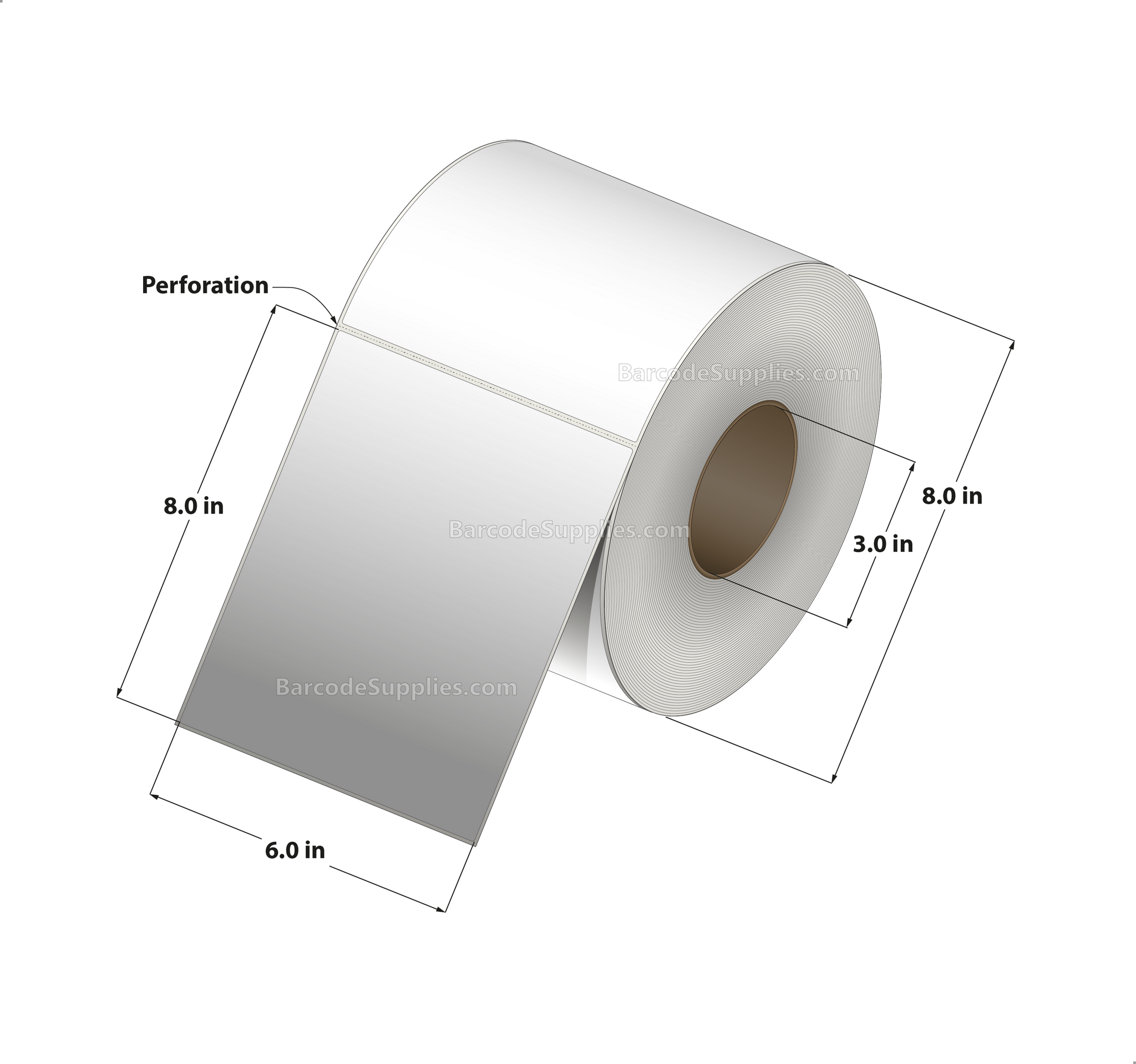6 x 8 Thermal Transfer White Labels With Permanent Adhesive - Perforated - 750 Labels Per Roll - Carton Of 4 Rolls - 3000 Labels Total - MPN: RT-6-8-750-3