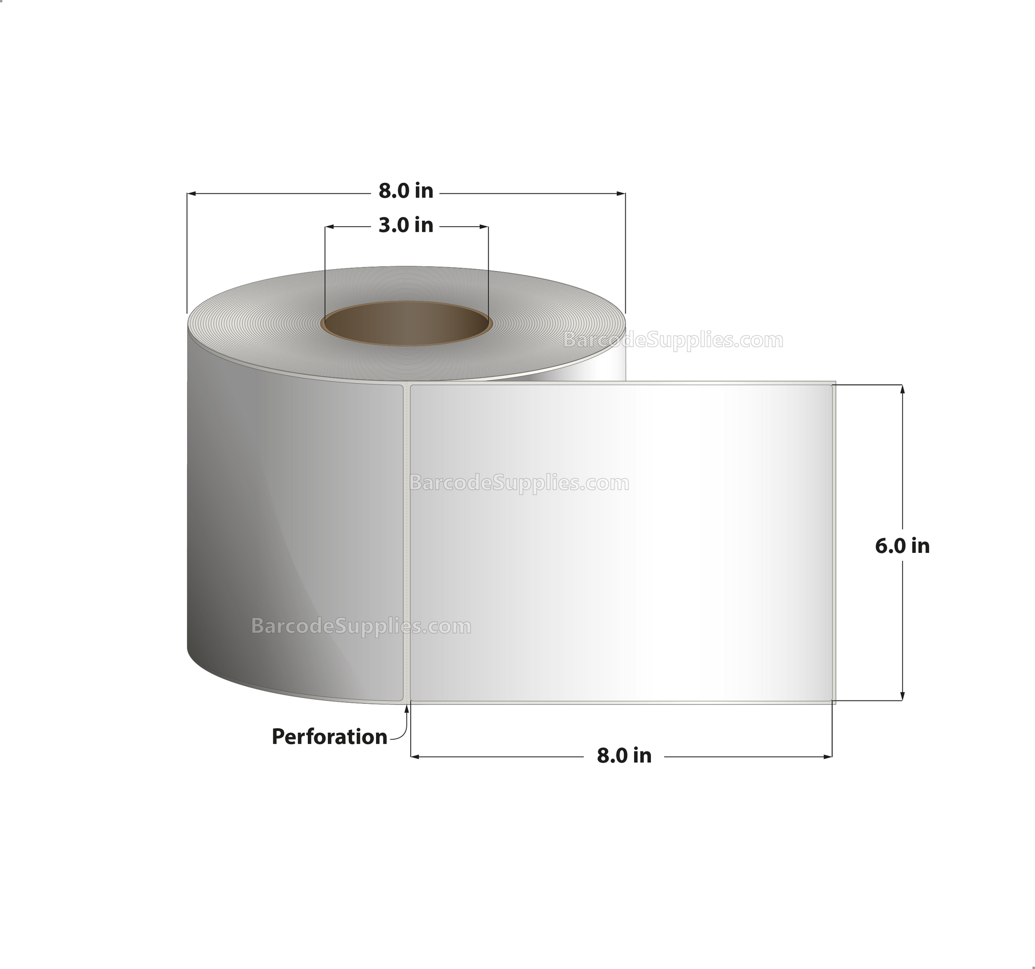 6 x 8 Thermal Transfer White Labels With Permanent Adhesive - Perforated - 750 Labels Per Roll - Carton Of 4 Rolls - 3000 Labels Total - MPN: RT-6-8-750-3