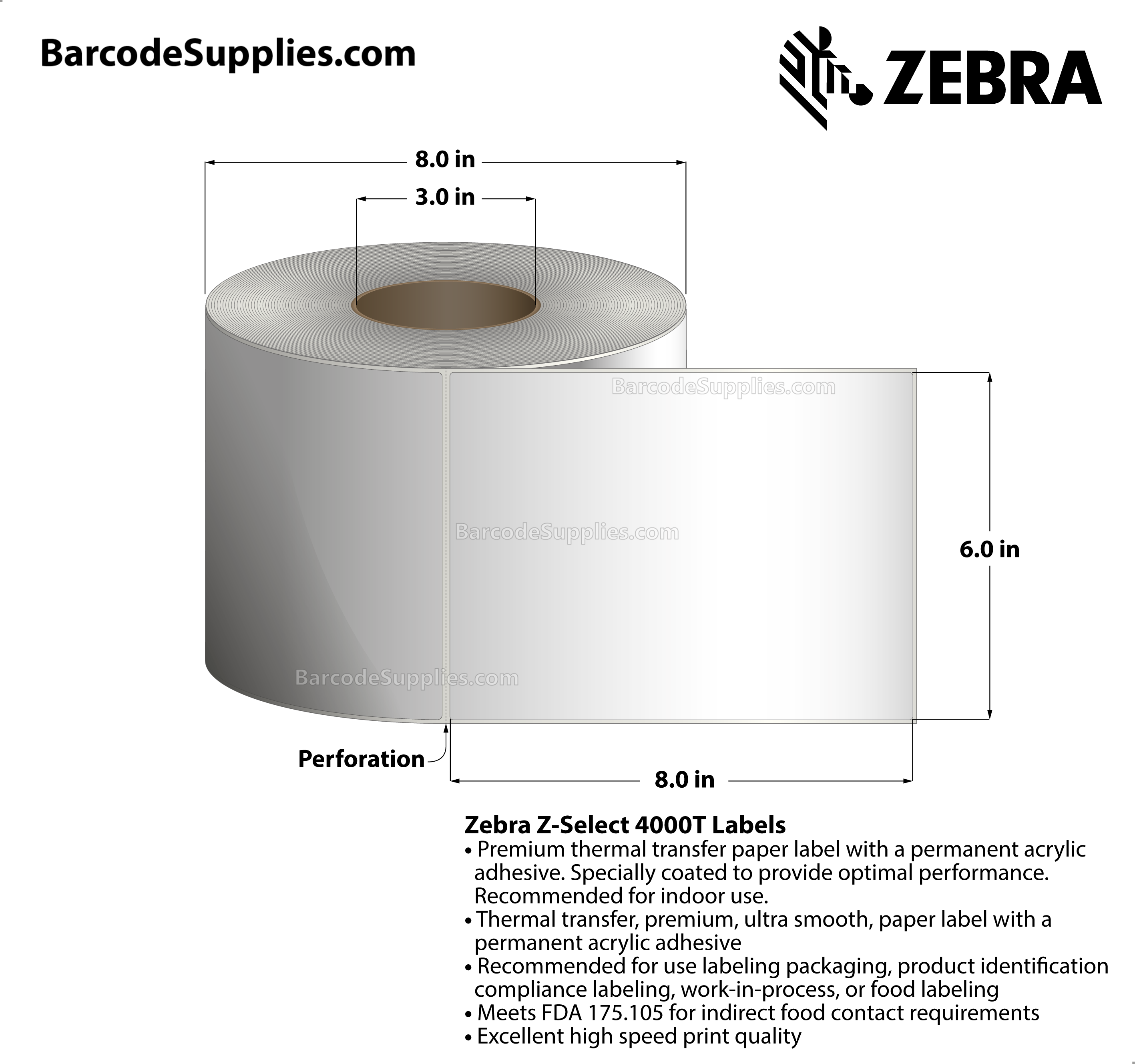 6 x 8 Thermal Transfer White Z-Select 4000T Labels With Permanent Adhesive - Perforated - 690 Labels Per Roll - Carton Of 2 Rolls - 1380 Labels Total - MPN: 94683