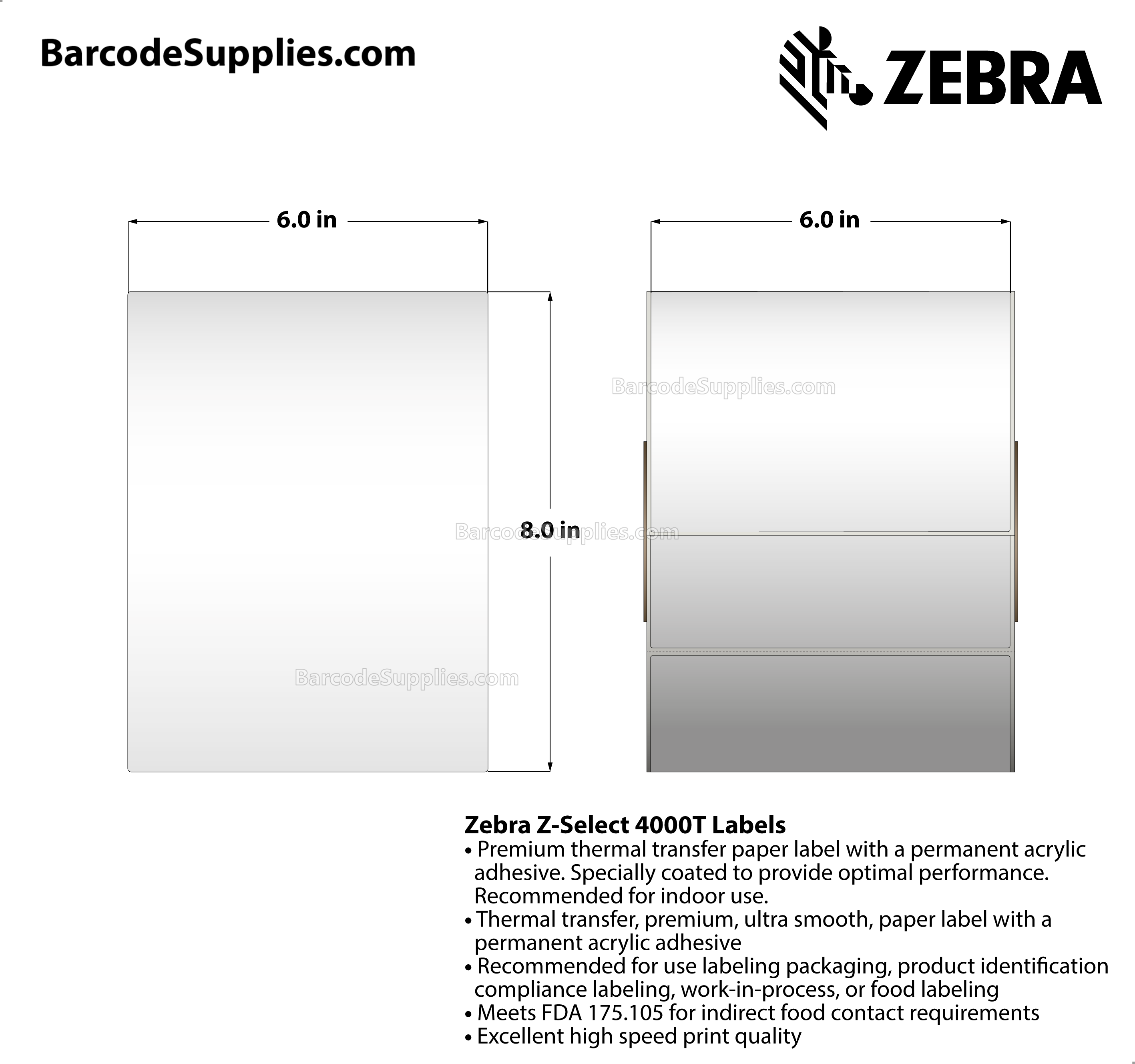 6 x 8 Thermal Transfer White Z-Select 4000T Labels With Permanent Adhesive - Perforated - 690 Labels Per Roll - Carton Of 2 Rolls - 1380 Labels Total - MPN: 94683