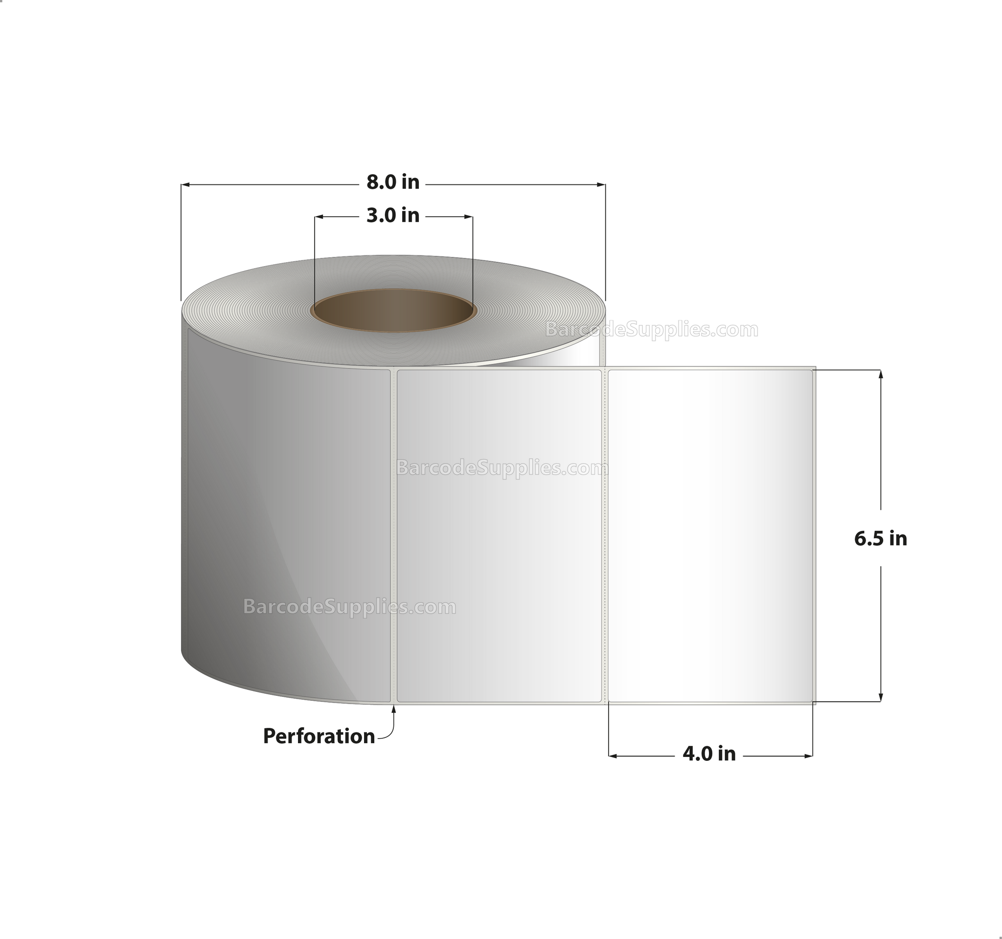 6.5 x 4 Thermal Transfer White Labels With Permanent Adhesive - Perforated - 1500 Labels Per Roll - Carton Of 4 Rolls - 6000 Labels Total - MPN: RT-65-4-1500-3