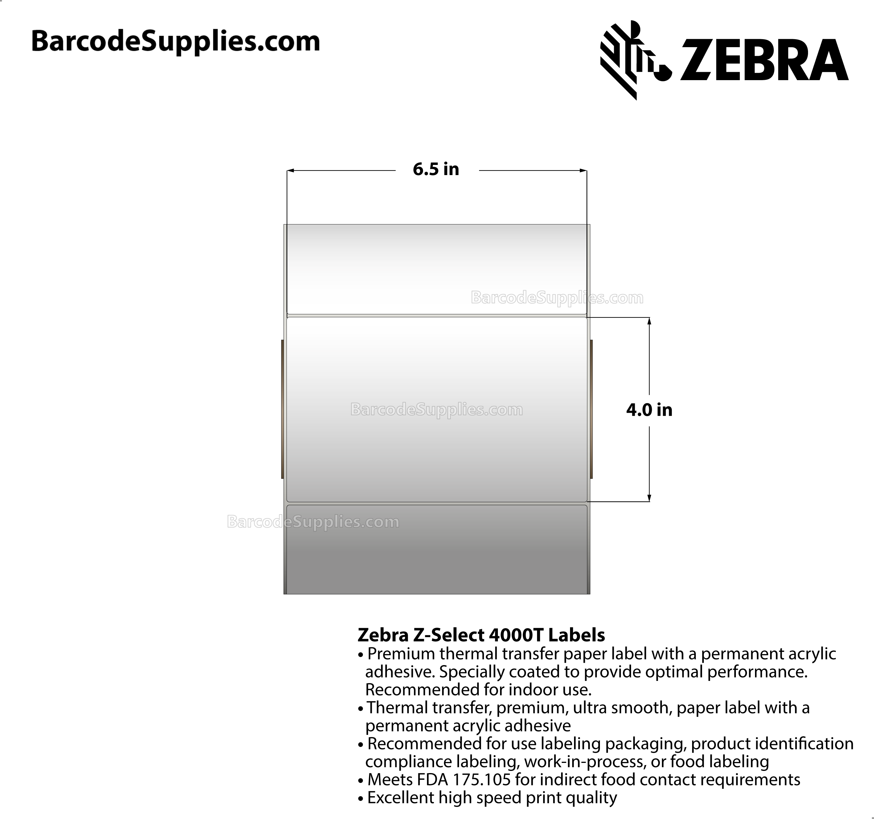 6.5 x 4 Thermal Transfer White Z-Select 4000T Labels With Permanent Adhesive - Not Perforated - 1410 Labels Per Roll - Carton Of 2 Rolls - 2820 Labels Total - MPN: 72302
