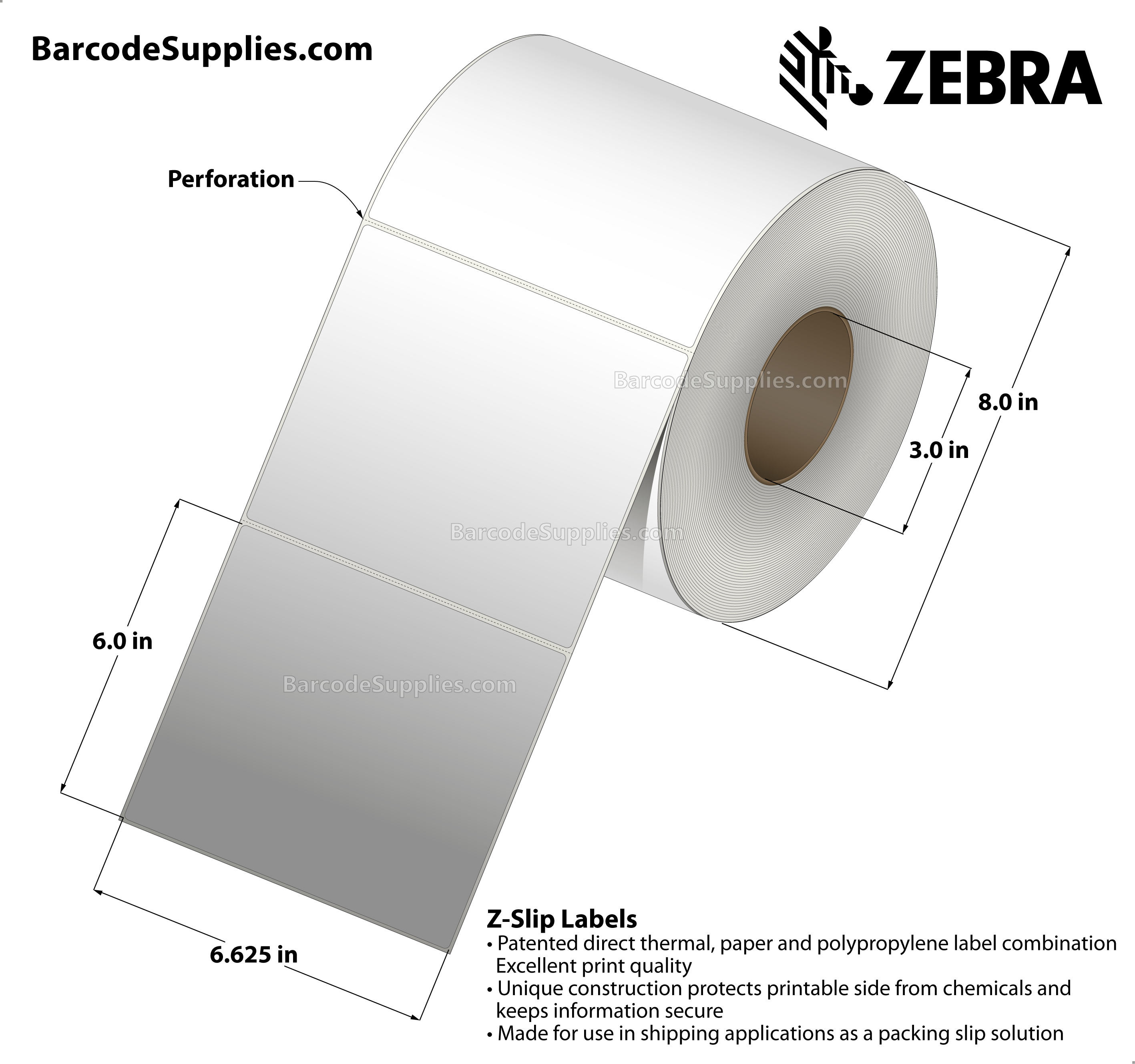 6.625 x 6 Direct Thermal White Z-Slip Labels With Permanent Adhesive - All-in-one packing slip solution - Perforated - 660 Labels Per Roll - Carton Of 2 Rolls - 1320 Labels Total - MPN: 10004425