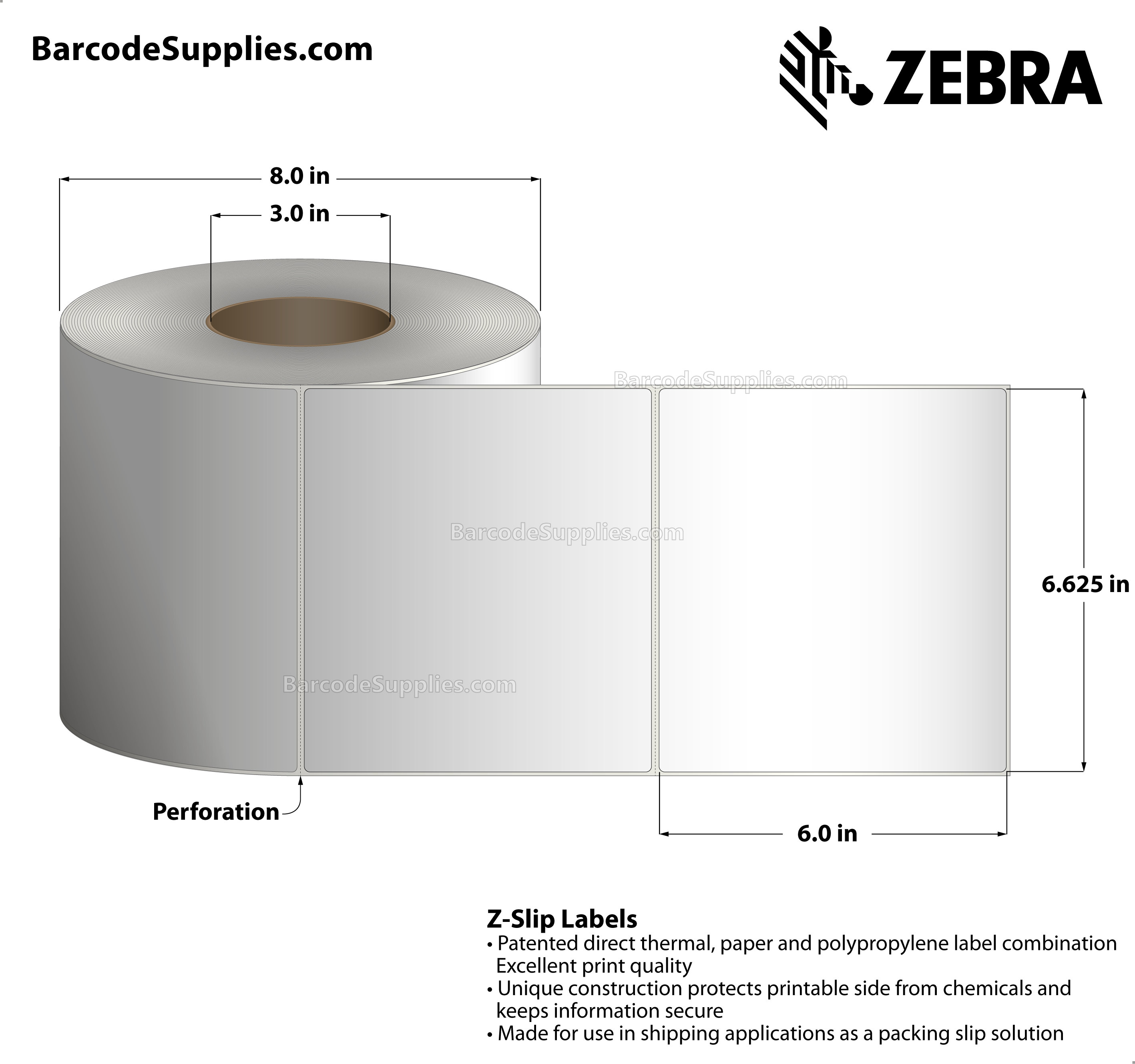 6.625 x 6 Direct Thermal White Z-Slip Labels With Permanent Adhesive - All-in-one packing slip solution - Perforated - 660 Labels Per Roll - Carton Of 2 Rolls - 1320 Labels Total - MPN: 10004425