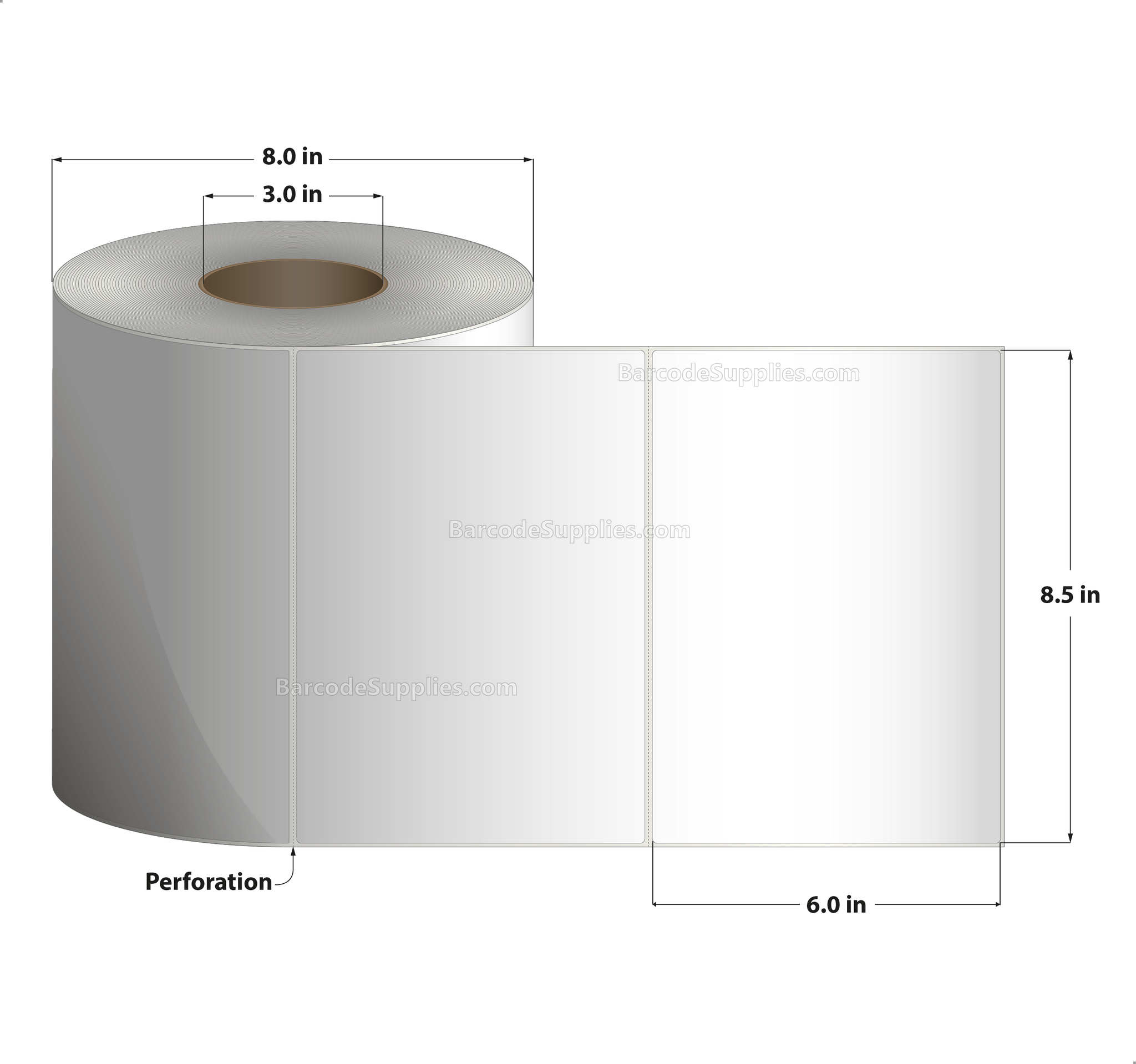 8.5 x 6 Thermal Transfer White Labels With Permanent Adhesive - Perforated - 1000 Labels Per Roll - Carton Of 4 Rolls - 4000 Labels Total - MPN: RT-85-6-1000-3