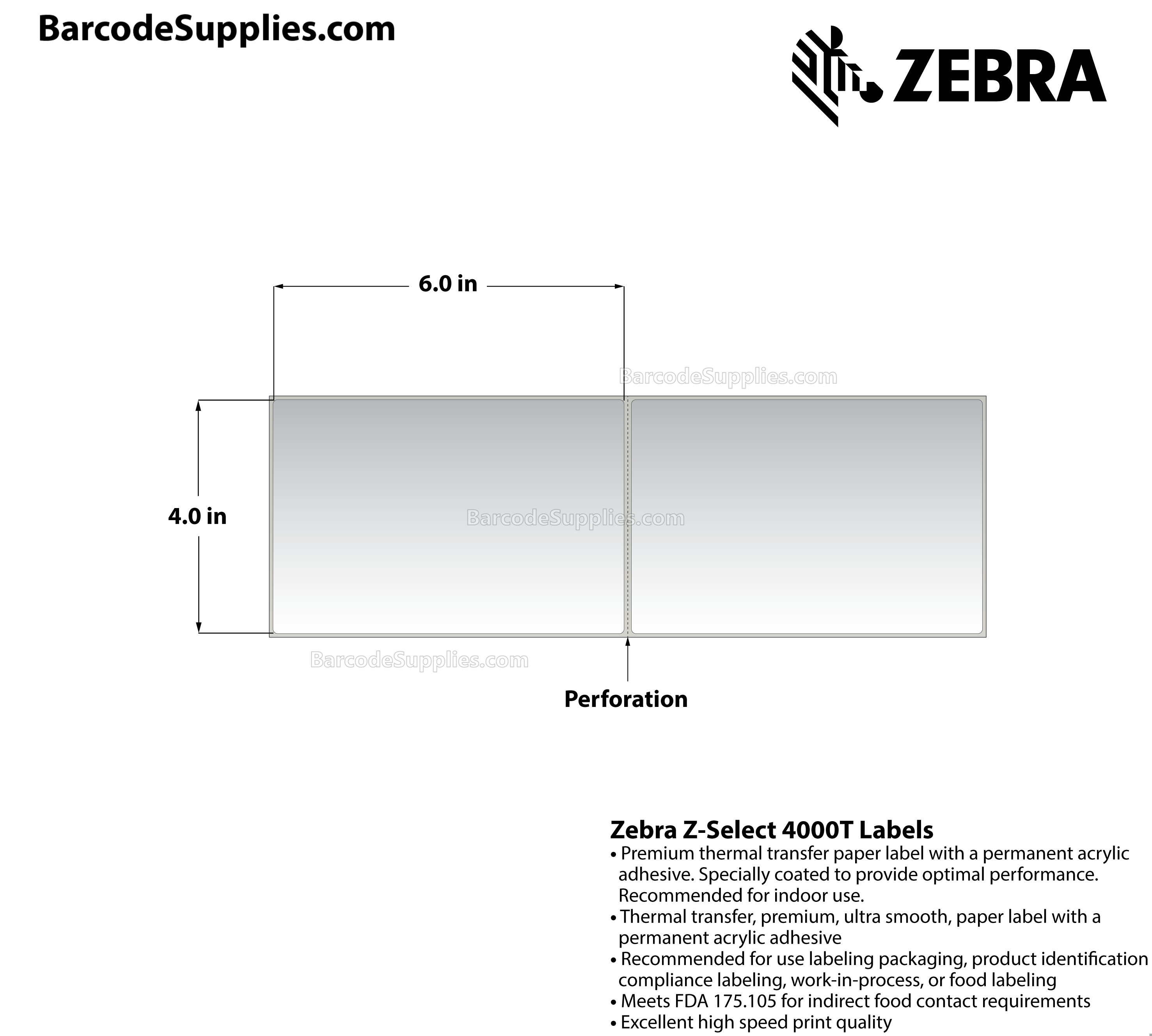 4 x 6 Thermal Transfer White Z-Select 4000T (Fanfold) Labels With Permanent Adhesive - Perforated - 900 Labels Per Stack - Carton Of 6 Stacks - 5400 Labels Total - MPN: 72295