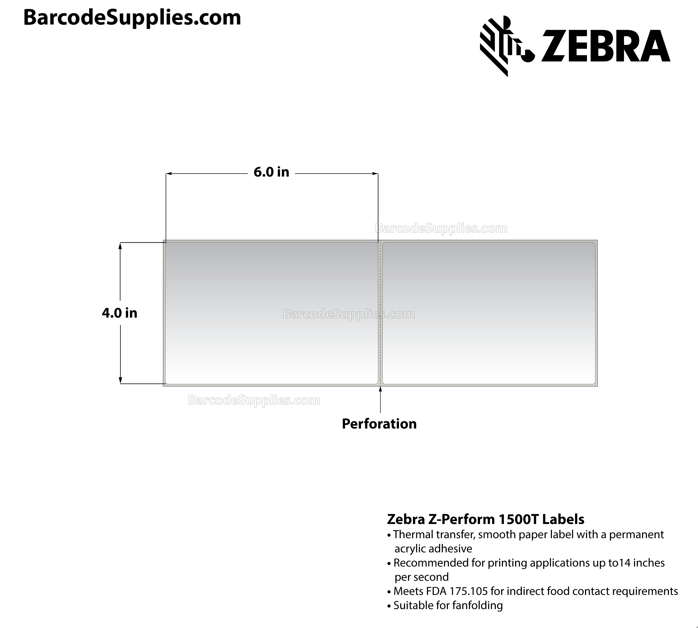 Zebra 4.00 x 6.00 Thermal Transfer Labels Z-Perform 1500T (Fanfold)  4000 Labels